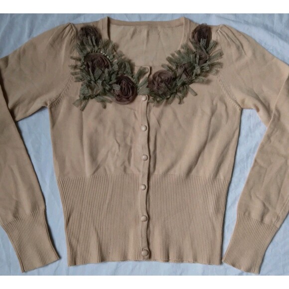 Coquette Cardigan Button Down Floral Embellished Collar Beige Grandma Women's - Picture 2 of 8